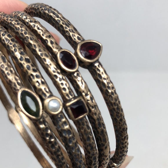 Vintage Bracelet Brass Tone Gemstone Bangle Set - Picture 8 of 9